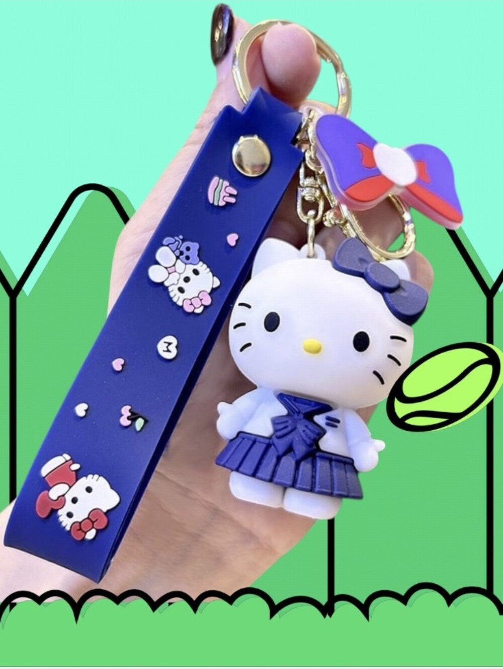 Hello Kitty Blue Navy Keychain Wristlet with Bow Charm